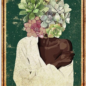 May include: A vintage-style poster with a person's head replaced with a variety of succulents. The background is a dark green with a distressed texture. The text "POTHHEAD" is printed in yellow at the bottom of the poster.