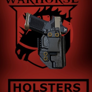May include: A black and tan handgun in a black holster with gold screws. The holster has a belt clip. The image is set against a red background with the text "WARHORSE" and "HOLSTERS" in black.