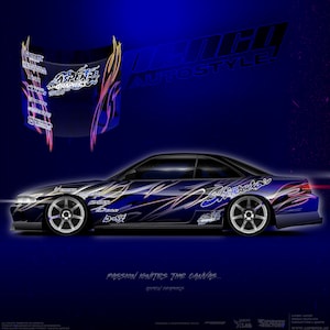 May include: A blue car with a custom wrap design featuring a stylized graphic of a car with the text "ASPEN GRAPHICS" and "PASSION IGNITES THE CANVAS." The car is on a blue background with a yellow and purple design on the hood.
