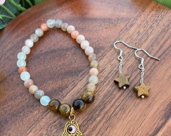 Conjunto de joyas de cristal: pulsera de piedra solar, pendientes de estrella de ojo de tigre, ojo de Hamsa