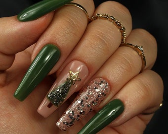 Groene kerstboomnagels | Kerstnagels | Glitternagels | Feestnagels | Druk op de nagels | Gelnagels