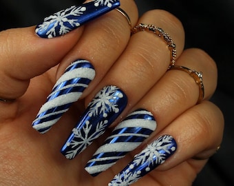 Unhas de inverno azul do Polo Norte | Unhas de Natal | Unhas de floco de neve | Unhas de Natal 3D | Unhas de pressão | Unhas de gel
