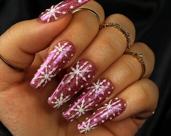Pink Iridescent Glitter Nails | Winter Snowflake Nails | 3D Nail Art | Fake Nails | Press On Nails | Glue On Nails | Gel Nails