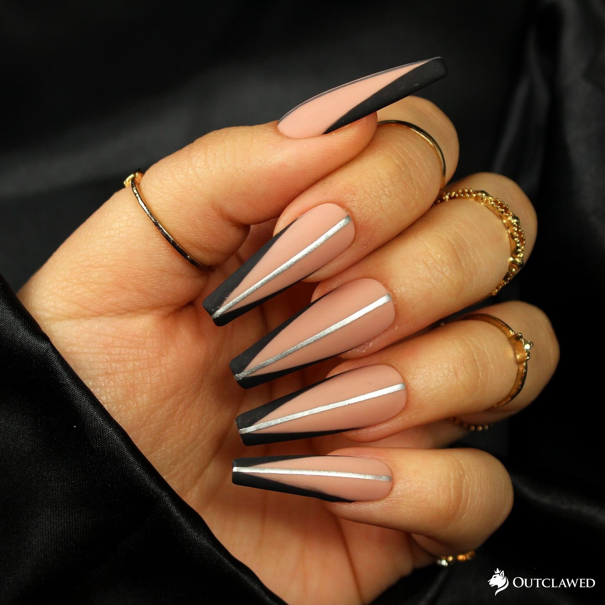 Black Nails Nude Nails Striped French Nails Fake Nails - Etsy