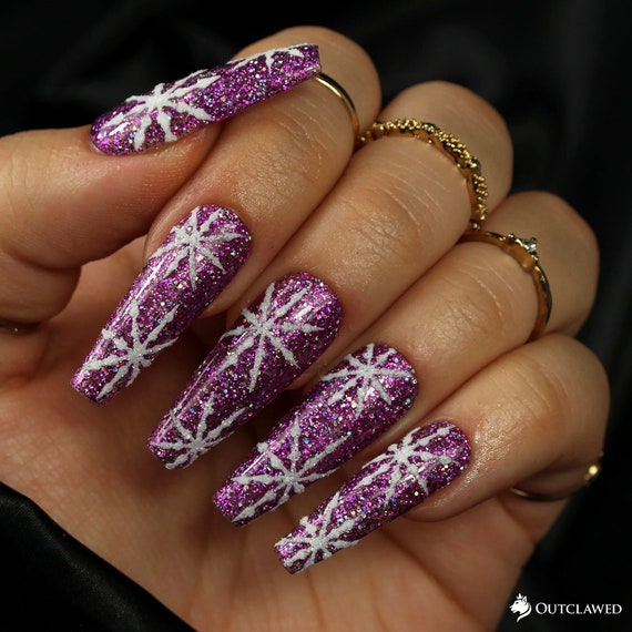 Purple Iridescent Glitter Nails Winter Snowflake Nails 3D Nail Art