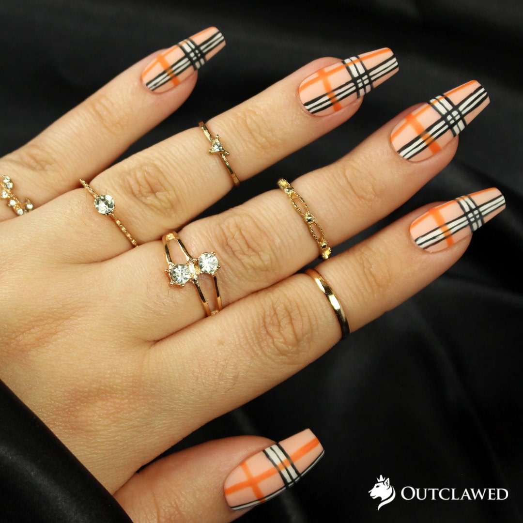 Orange Plaid Fall Nails Plaid Nails Autumn Nails Thanksgiving Nails Fake Nails Press on Nails