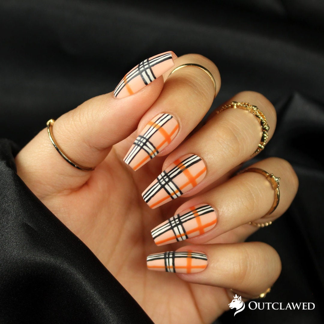 Orange Plaid Fall Nails Plaid Nails Autumn Nails Thanksgiving Nails Fake Nails Press on Nails
