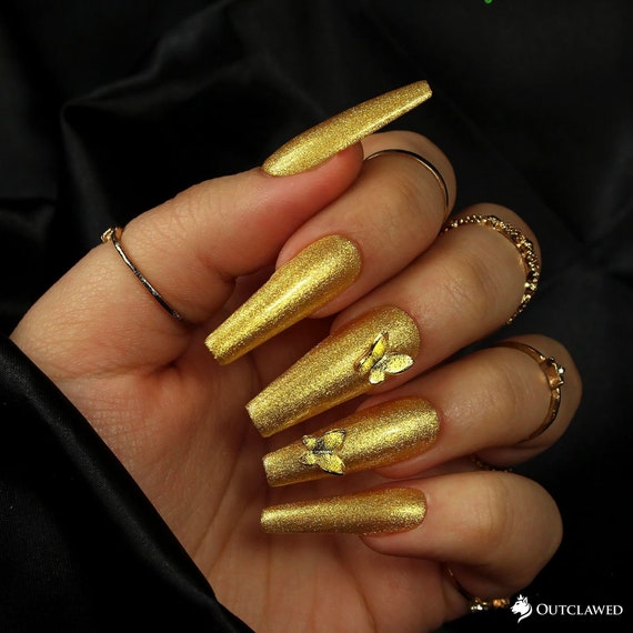 24k Gold Nails Butterfly Nails Charm Nails Glitter Nails Fake Nails Press  on Nails Glue on Nails Gel Nails 