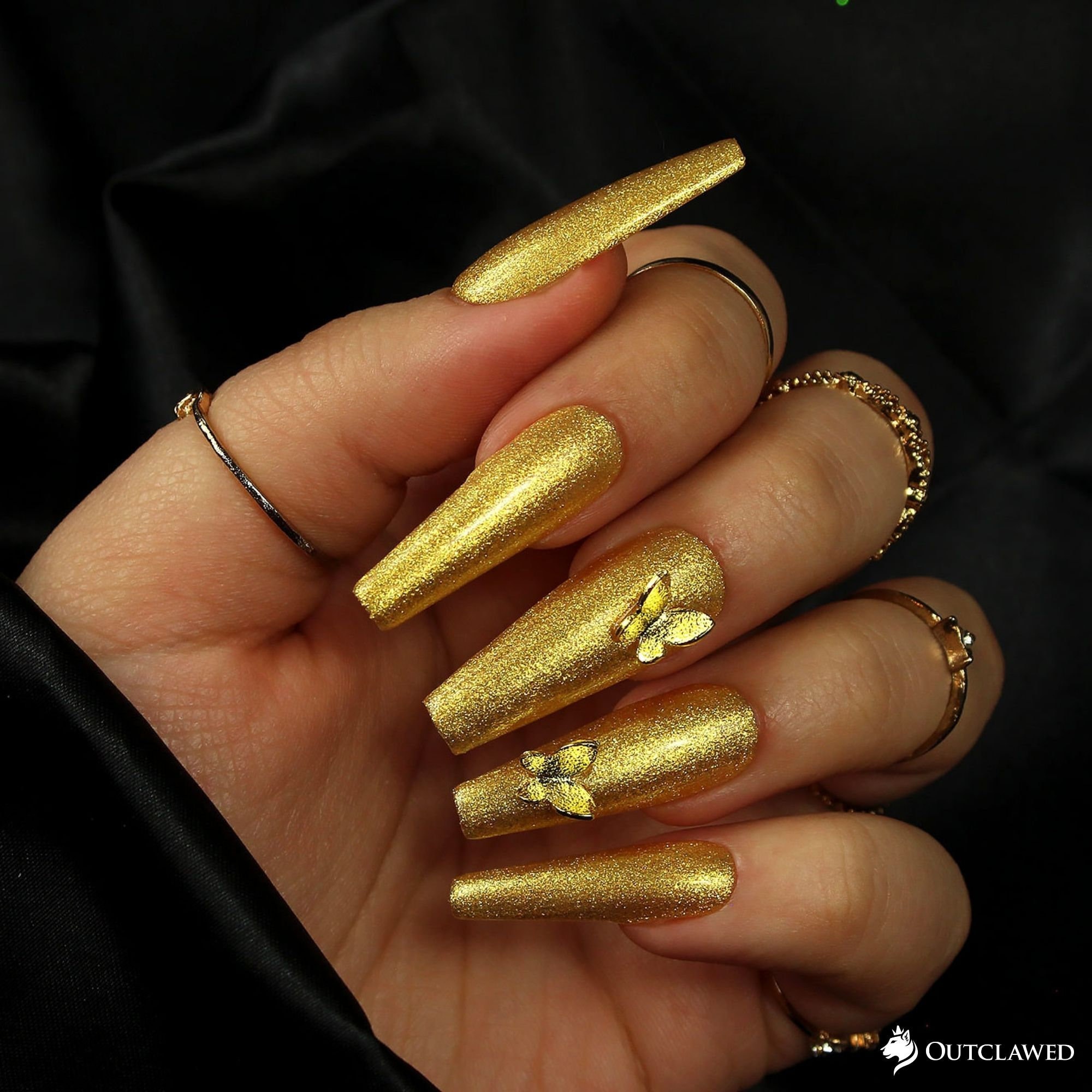 24k Gold Nails Butterfly Nails Charm Nails Glitter Nails Fake