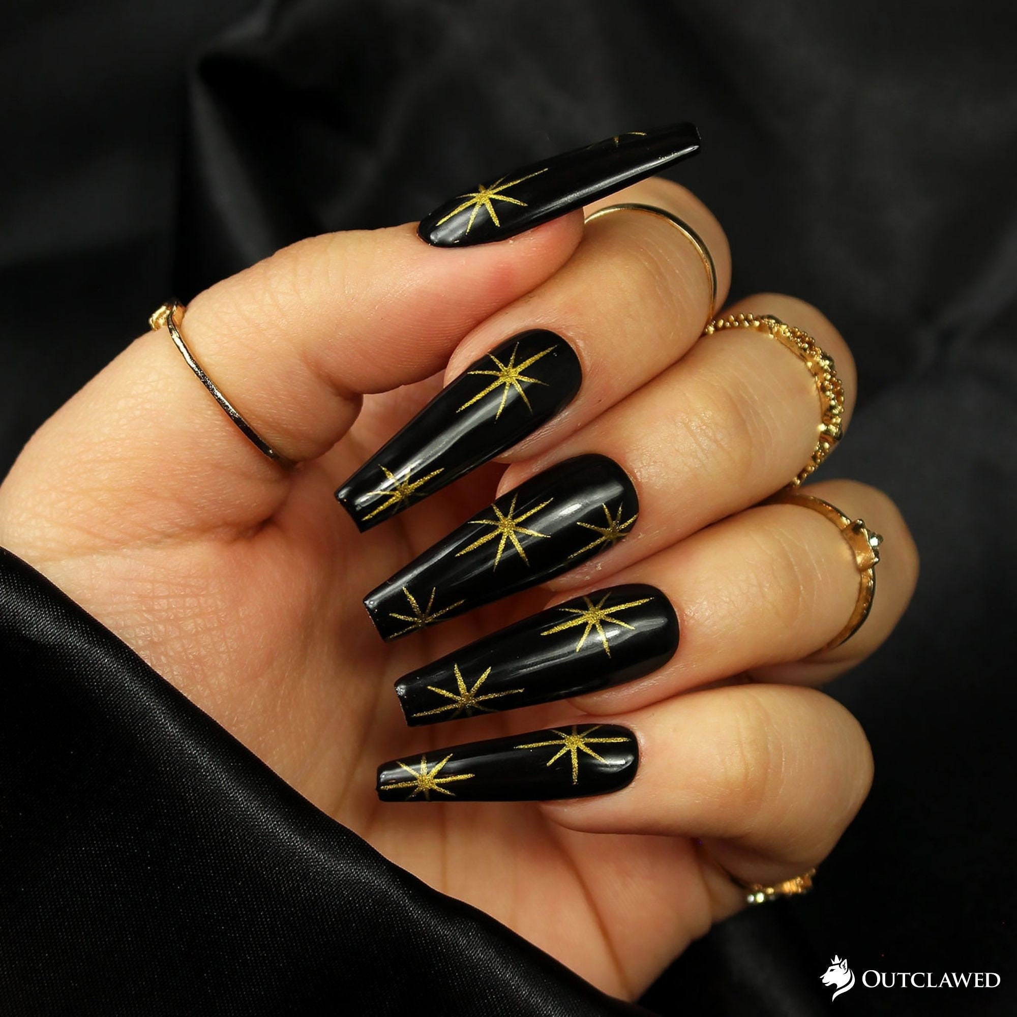 Black Nails Gold Nails Star Nails Night Sky Fake Nails Press on Nails Glue on Nails Gel Nails - Etsy