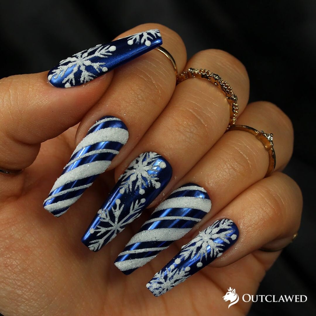 North Pole Blue Winter Nails Christmas Nails Snowflake Nails 3D Holiday Nails Press on Nails Gel