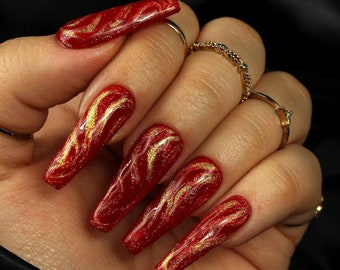 Red & Gold Swirl Glitter Nails | Christmas Nails | Glitter Nails | Holiday Nails | Press On Nails | Gel Nails