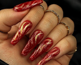 Unhas de Glitter Red & Gold Swirl | Unhas de Natal | Unhas de Glitter | Unhas de Férias | Unhas Press On | Unhas de Gel
