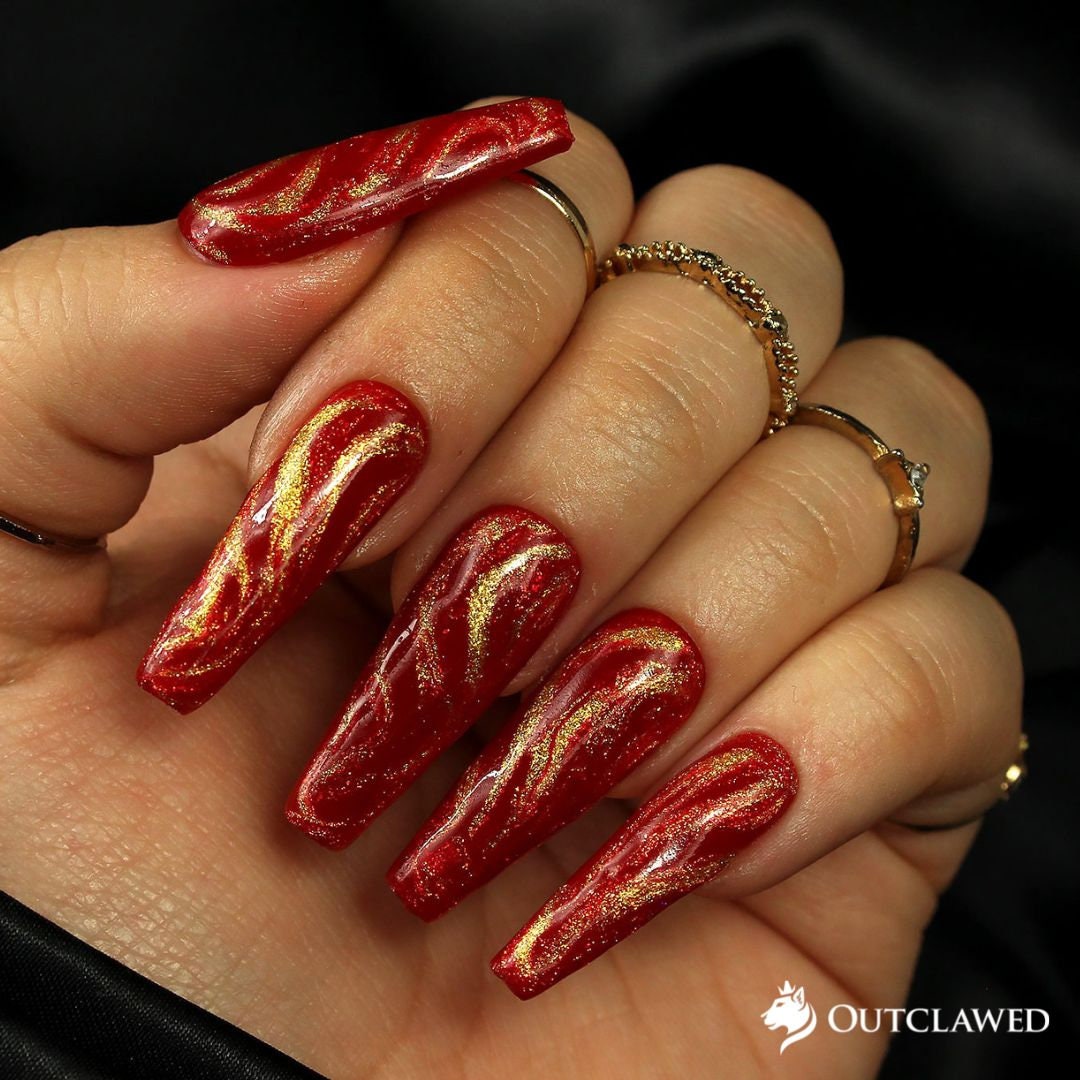 Red & Gold Swirl Glitter Nails Christmas Nails Glitter Nails Holiday