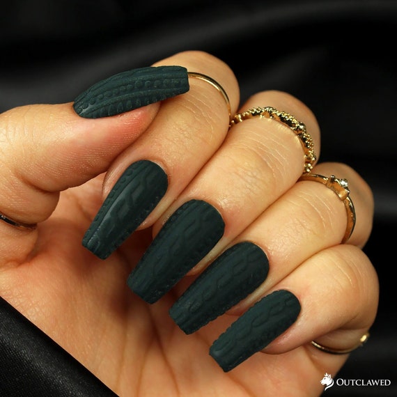 Green Nails Matte Dark Green Winter Nails 3D Sweater Nail Art Fake