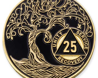 25 Year Sobriety Mint Twisted Tree of Life Gold Plated AA Recovery Medallion - Twenty-Five Year Chip/Coin - Black