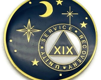 19 Year Rocketed to 4th Dimension Specialty AA Recovery Medallion - Tri-Plated Nineteen Year Chip/Coin - Blue