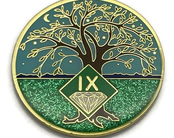 9 Year Tree of Life Specialty Tri-Plated NA Recovery Medallion - Nine Year Chip/Coin - Green/Blue