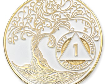 1 to 30 Year Sobriety Mint Twisted Tree of Life Gold Plated AA Recovery Medallion/Chip/Coin - White