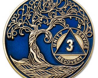 3 Year Sobriety Mint Twisted Tree of Life Gold Plated AA Recovery Medallion - Three Year Chip/Coin - Blue