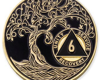 6 Year Sobriety Mint Twisted Tree of Life Gold Plated AA Recovery Medallion - Six Year Chip/Coin - Black