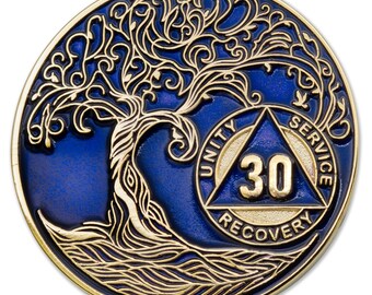 31 Year Sobriety Mint Twisted Tree of Life Gold Plated AA Recovery Medallion - Thirty-One Year Chip/Coin - Blue