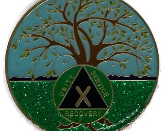 10 Year Tree of Life Specialty AA Recovery Medallion - Tri-Plated Ten Year Chip/Coin