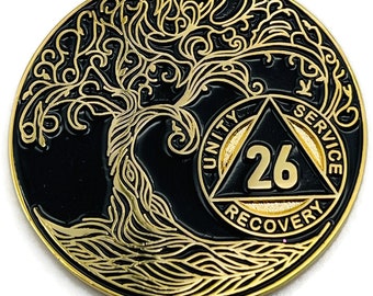 26 Year Sobriety Mint Twisted Tree of Life Gold Plated AA Recovery Medallion - Twenty-Six Year Chip/Coin - Black