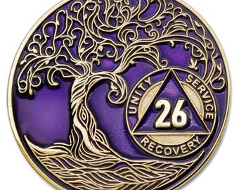26 Year Sobriety Mint Twisted Tree of Life Gold Plated AA Recovery Medallion - Twenty Six Year Chip/Coin - Purple