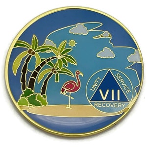 1 to 60 Year Beach Themed Specialty AA Recovery Medallion Tri-Plated Chip/Coin 7 Year