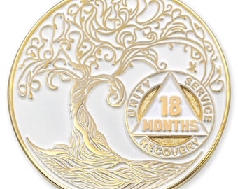 18 Months Sobriety Mint Twisted Tree of Life Gold Plated AA Recovery Medallion - Eighteen Months Chip/Coin - White
