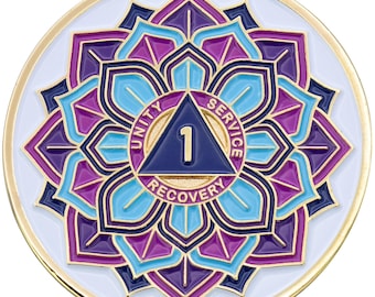 1 to 50 Year Sobriety Mint 'In Bloom' Lotus Flower Gold Plated AA Recovery Medallion/Chip/Coin - White