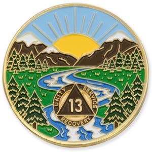 13 Year Sobriety Mint Winding River Gold Plated AA Recovery Medallion - Thirteen Year Chip/Coin