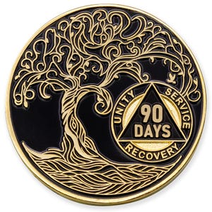 90 Days Sobriety Mint Twisted Tree of Life Gold Plated AA Recovery Medallion - 3 Months Chip/Coin - Black