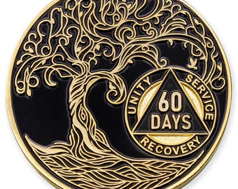 60 Days Sobriety Mint Twisted Tree of Life Gold Plated AA Recovery Medallion - 2 Months Chip/Coin - Black