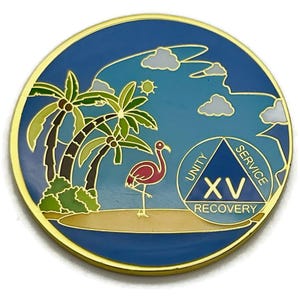 15 Year Beach Themed Specialty Tri-Plated AA Recovery Medallion - Fifteen Year Chip/Coin