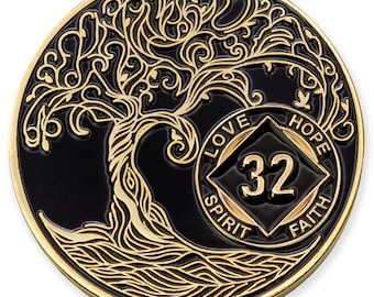 32 Year Sobriety Mint Twisted Tree of Life Gold Plated NA Recovery Medallion - Thirty Two Year Chip/Coin - Black