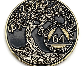 64 Year Sobriety Mint Twisted Tree of Life Gold Plated AA Recovery Medallion - Sixty Four Year Chip/Coin - Black