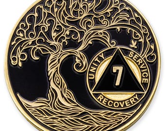 7 Year Sobriety Mint Twisted Tree of Life Gold Plated AA Recovery Medallion - Seven Year Chip/Coin - Black