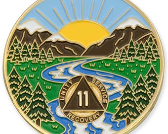 11 Year Sobriety Mint Winding River Gold Plated AA Recovery Medallion - Eleven Year Chip/Coin