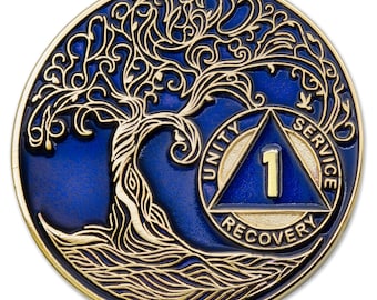 1 to 50 Year Sobriety Mint Twisted Tree of Life Gold Plated AA Recovery Medallion/Chip/Coin - Blue