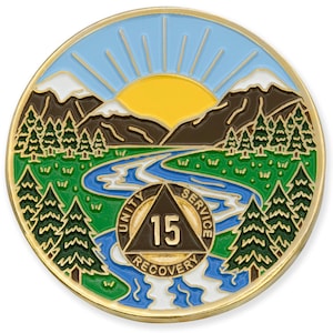 15 Year Sobriety Mint Winding River Gold Plated AA Recovery Medallion - Fifteen Year Chip/Coin