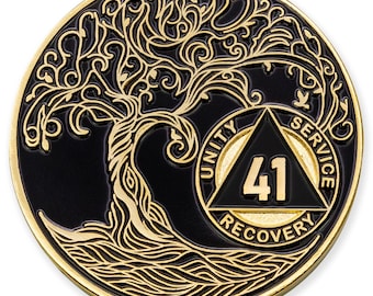 41 Year Sobriety Mint Twisted Tree of Life Gold Plated AA Recovery Medallion - Forty-One Year Chip/Coin - Black