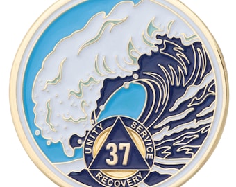 37 Year Sobriety Mint Crashing Wave Gold Plated AA Recovery Medallion - Thirty Seven Year Chip/Coin - Blue/White