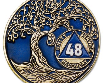 48 Year Sobriety Mint Twisted Tree of Life Gold Plated AA Recovery Medallion - Forty-Eight Year Chip/Coin - Blue