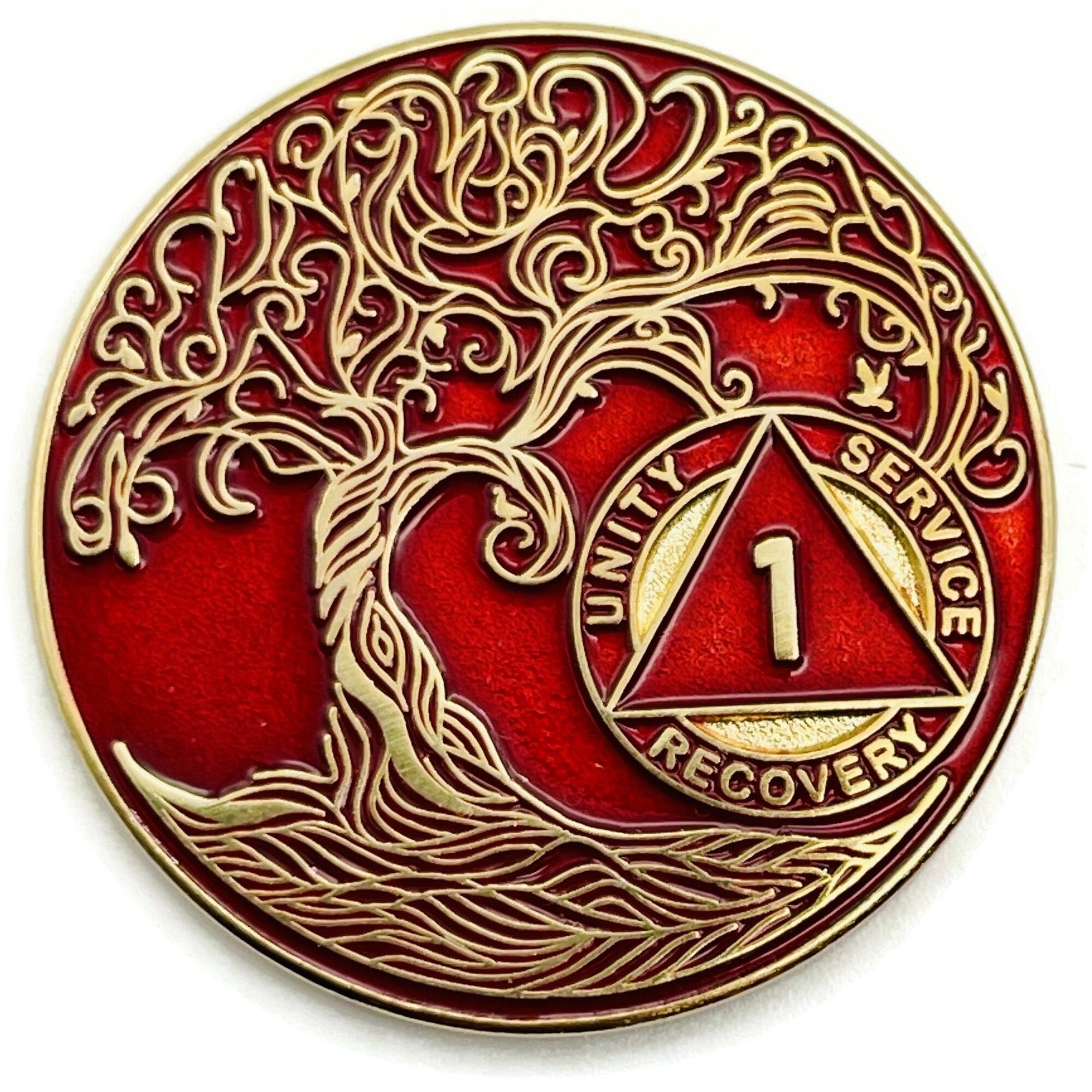 1 to 30 Year Sobriety Mint Twisted Tree of Life Gold Plated AA Recovery Medallion/Chip/Coin - Red