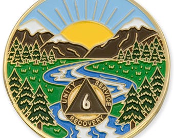 6 Year Sobriety Mint Winding River Gold Plated AA Recovery Medallion - Six Year Chip/Coin