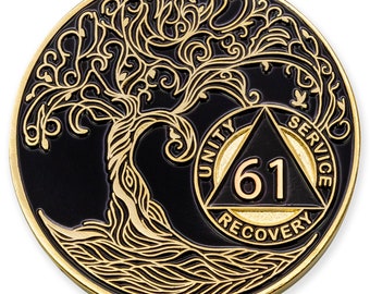 61 Year Sobriety Mint Twisted Tree of Life Gold Plated AA Recovery Medallion - Sixty One Year Chip/Coin - Black