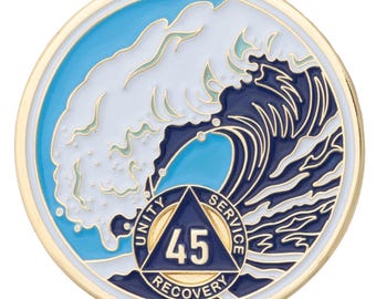 45 Year Sobriety Mint Crashing Wave Gold Plated AA Recovery Medallion - Forty Five Chip/Coin - Blue/White