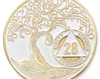 28 Year Sobriety Mint Twisted Tree of Life Gold Plated AA Recovery Medallion - Twenty-Eight Year Chip/Coin - White